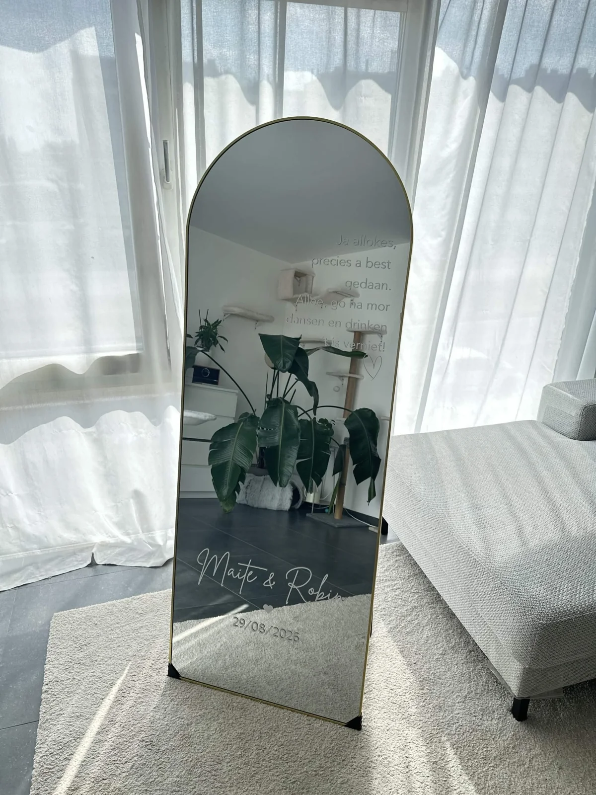 Real wedding mirror work by A&K Vinyl Works shown in a styled interior