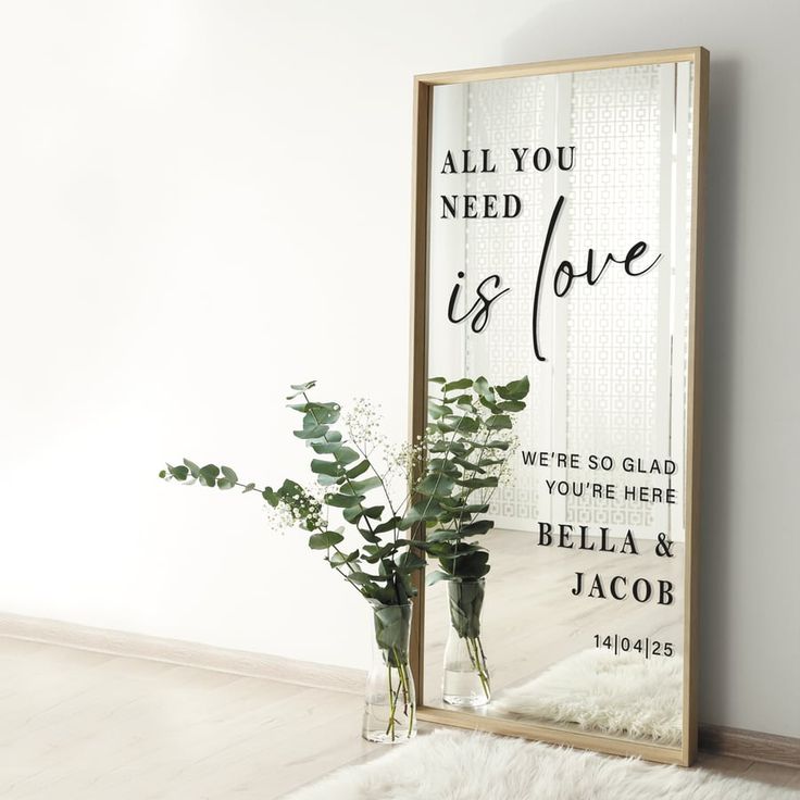 Tall personalised wedding entrance mirror displayed indoors